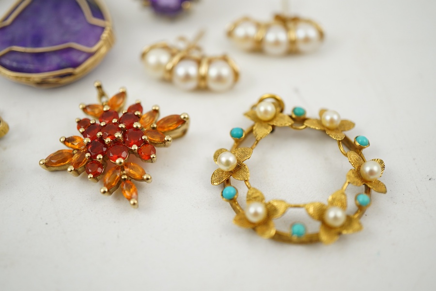 A collection of jewels, comprising: two amethyst and diamond rings; a cultured pearl and circular-cut sapphire wreath brooch; a fire opal pendant, one stone deficient; and a pair of cultured pearl earrings, all mounted i